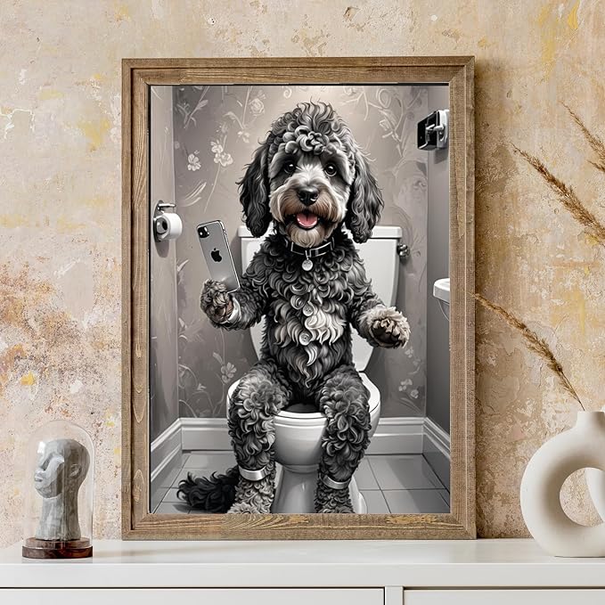 Humorous Wall Art of Cockapoo on Toilet Using Phone A4