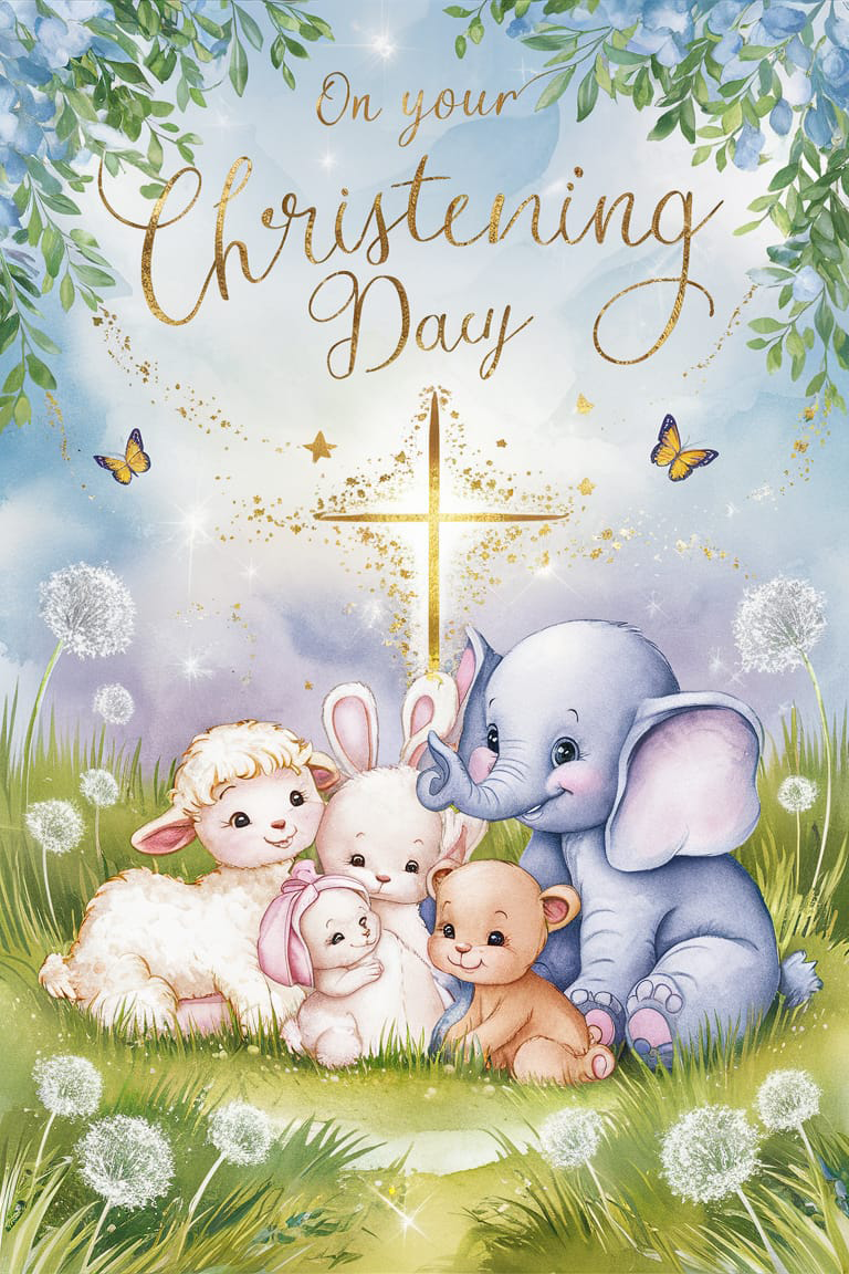 On Your Christening Day - Blue Cute Animal Card