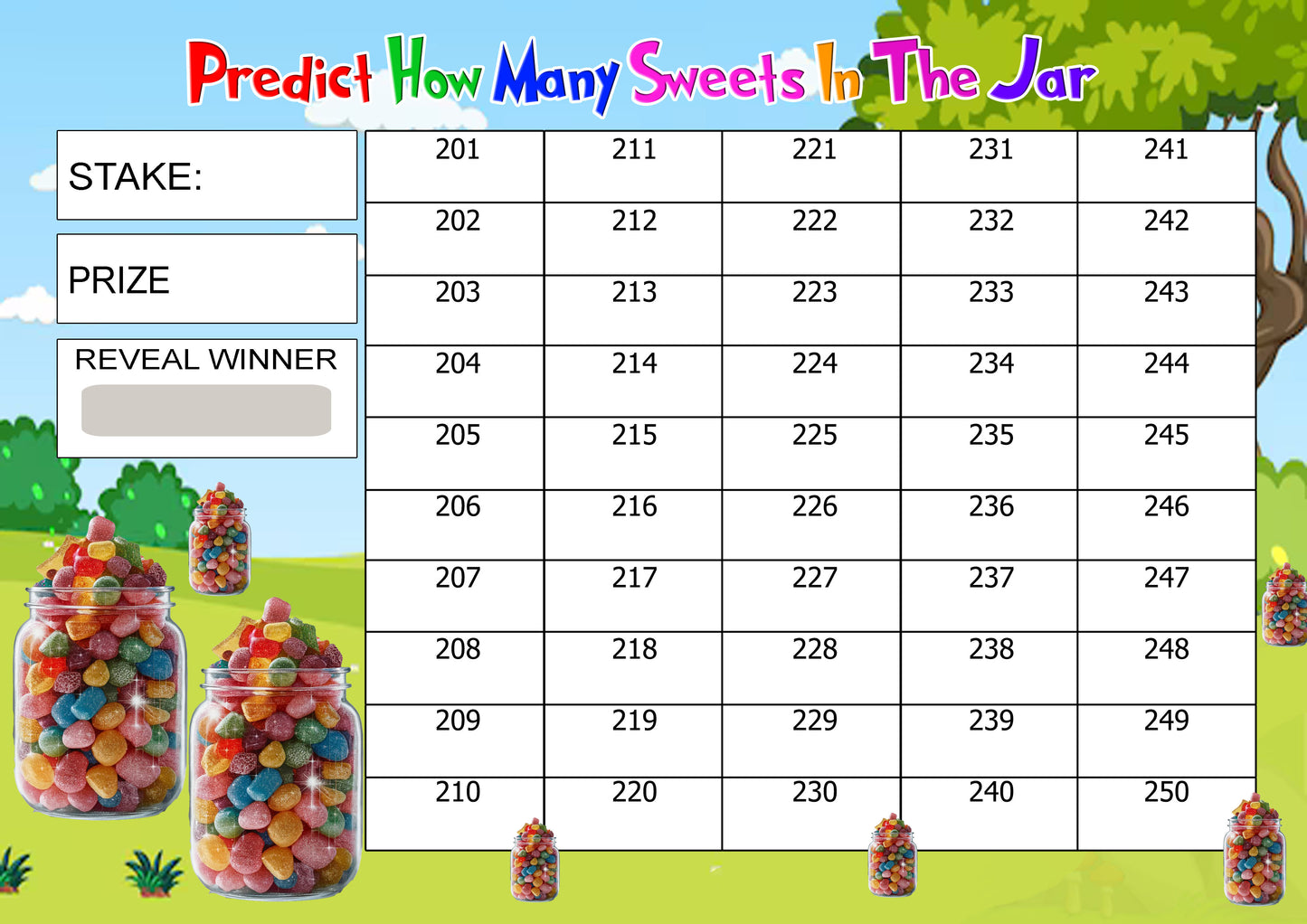 Predict How Many Sweets in the Jar Fundraising Game, 50-Name Scratch Card, A4 Size