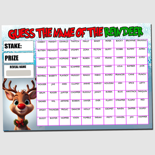 Fundraising Scratch card Game Guess the Reindeers Name Christmas Fete Fayre Party A4