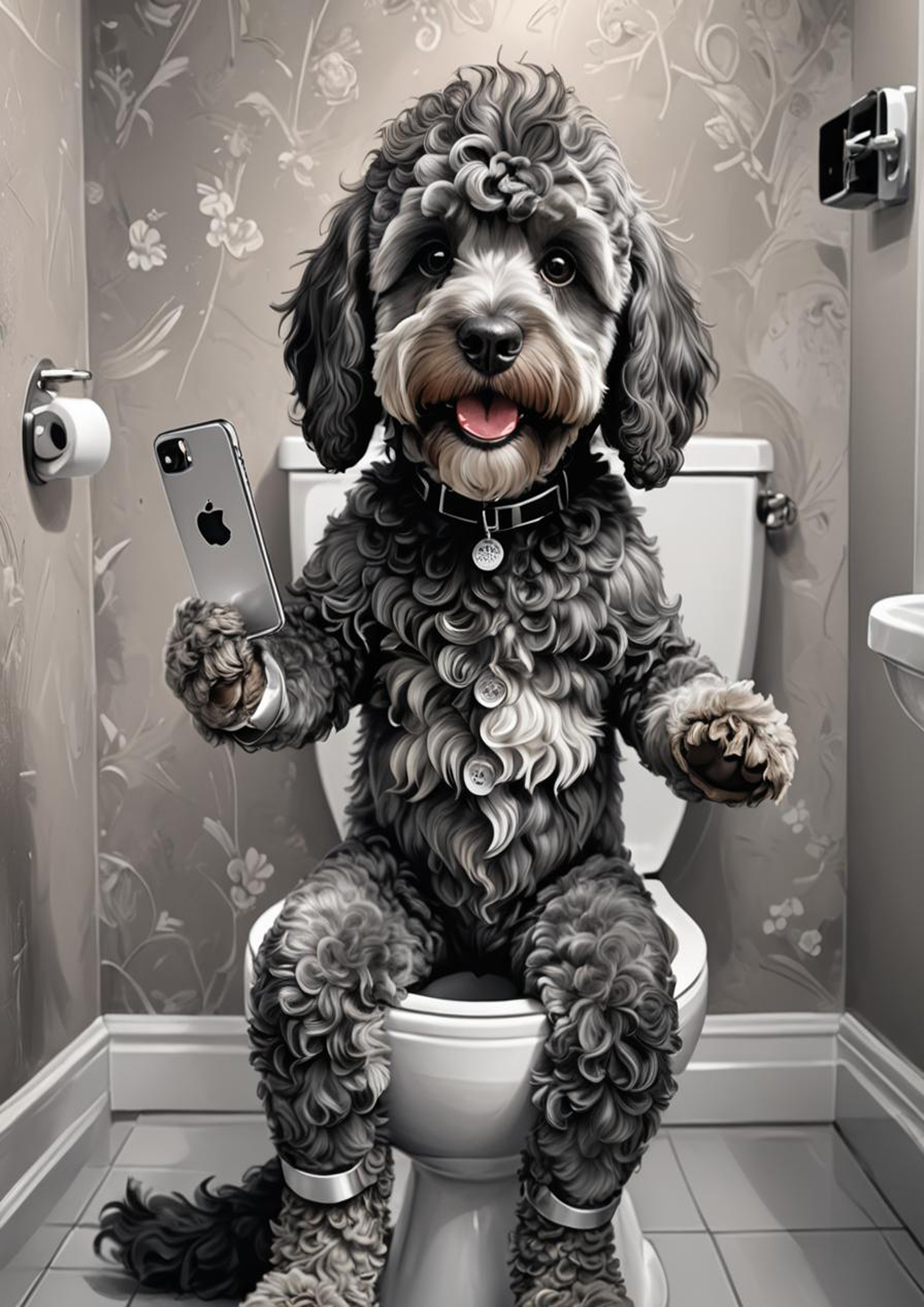 Humorous Wall Art of Cockapoo on Toilet Using Phone A4