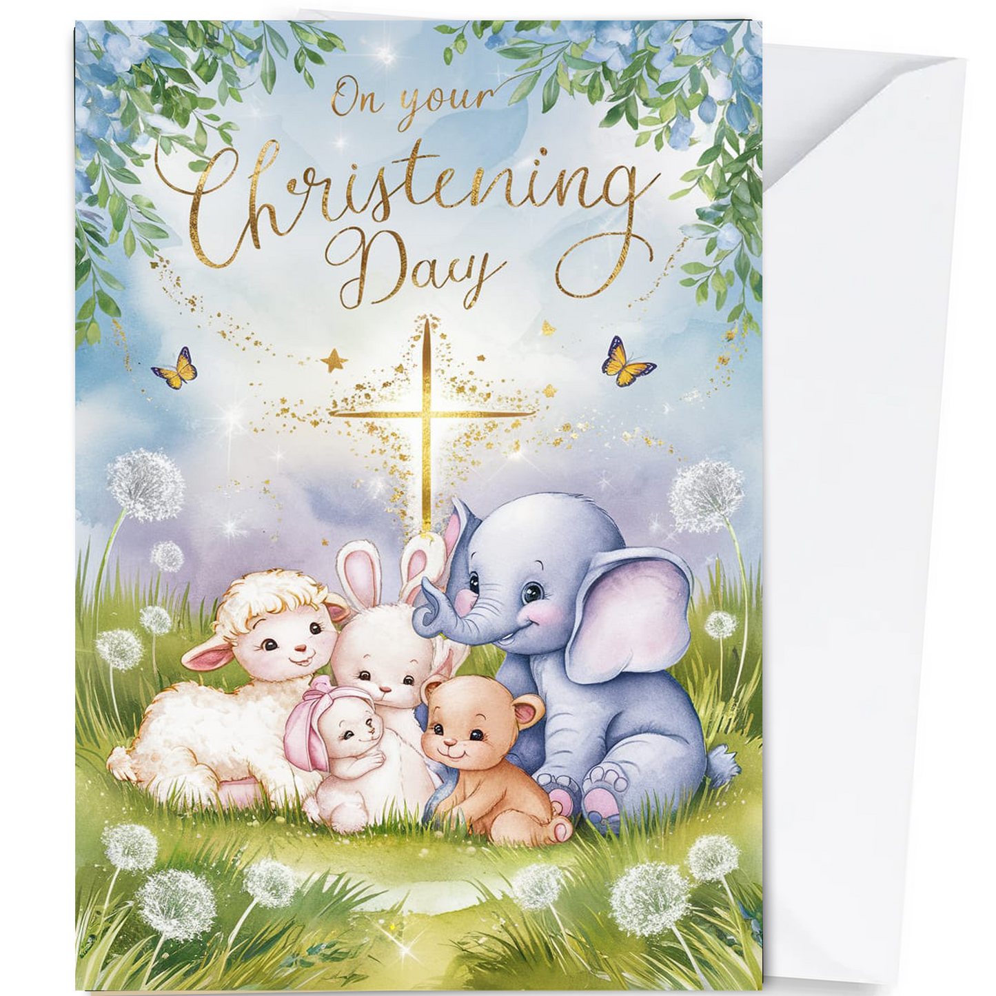 On Your Christening Day - Blue Cute Animal Card