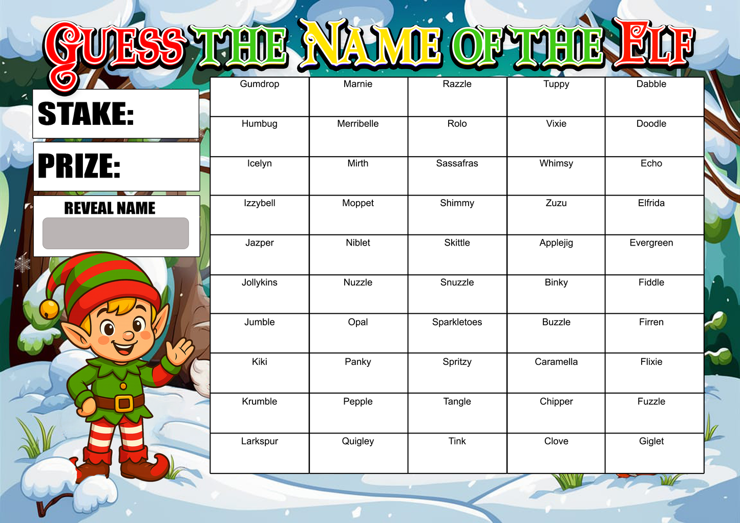 3 Pack Christmas Themed Fundraising Scratchcards, Elf, Reindeer, and Gonk A4 Size, 50 names