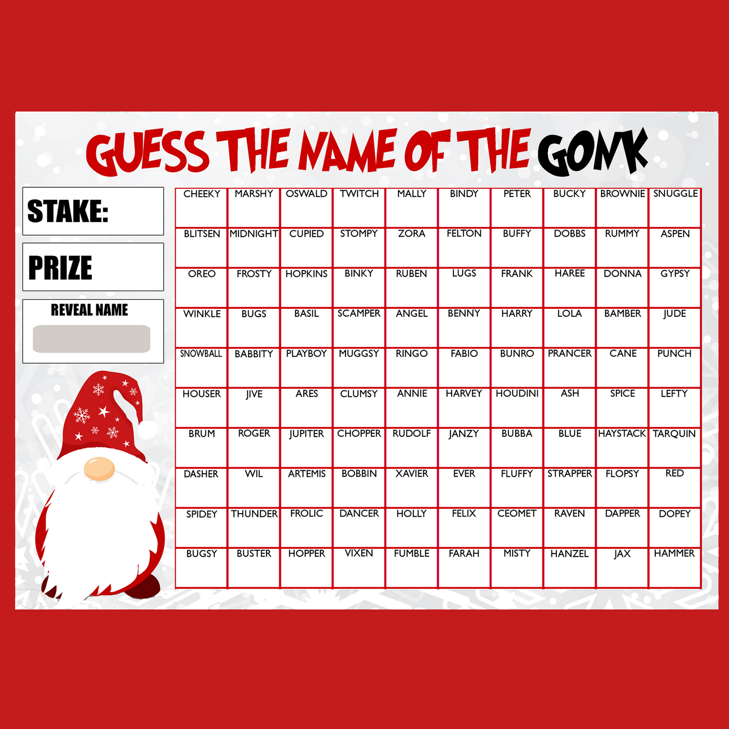 Guess the Name of Gonk Fundraising Game Christmas Fete Fayre A4