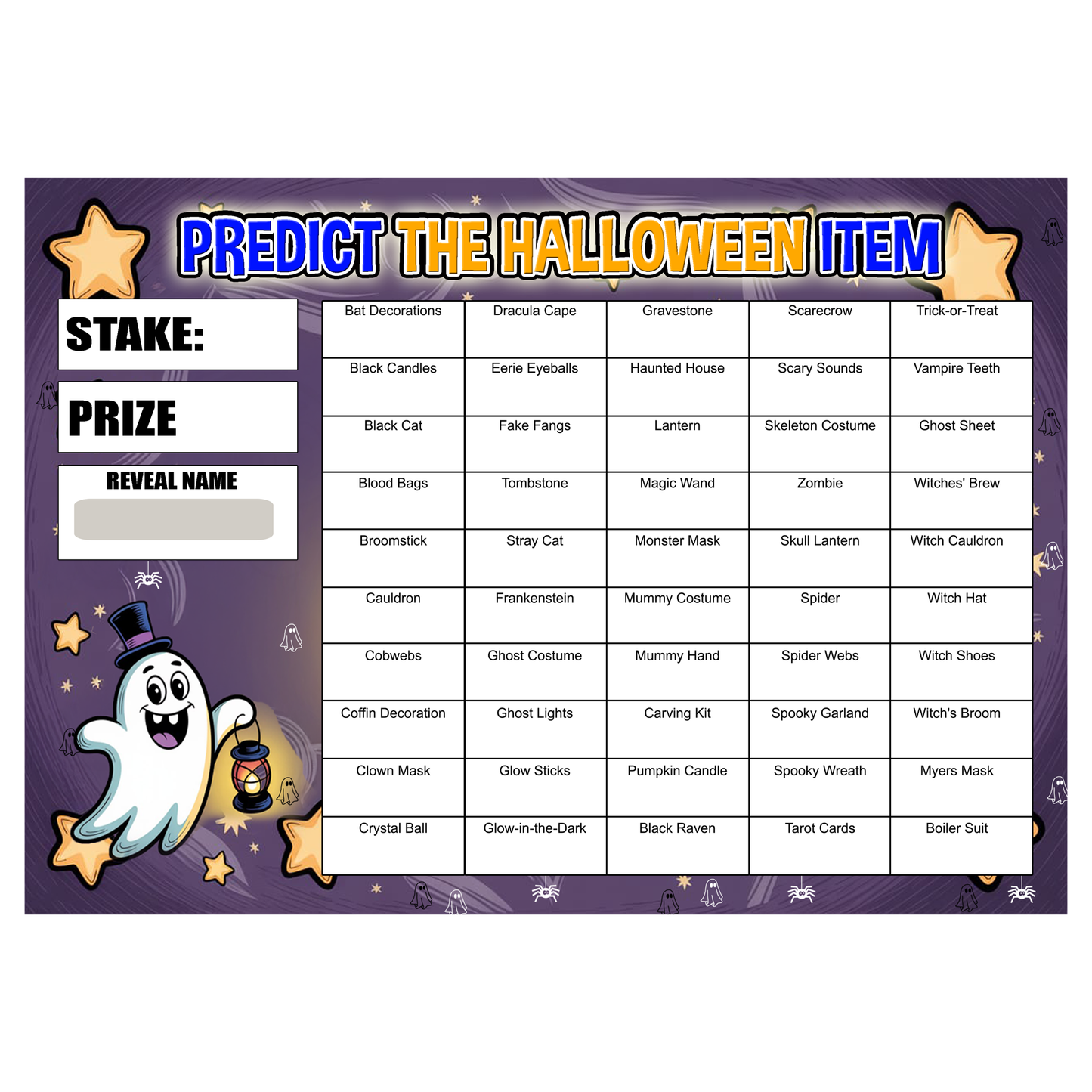 Halloween Party Predict the Item Scratch Card Game, A4 Size, Fundraising Activity with 50 Halloween Items