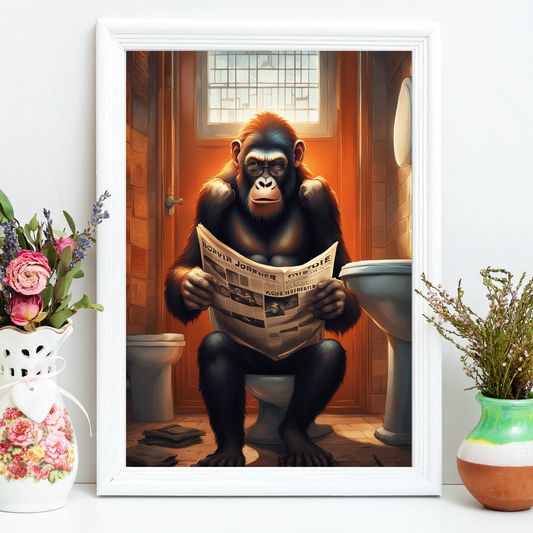 Monkey Business: Quirky Toilet Reading Monkey - Glossy Wall Art Print