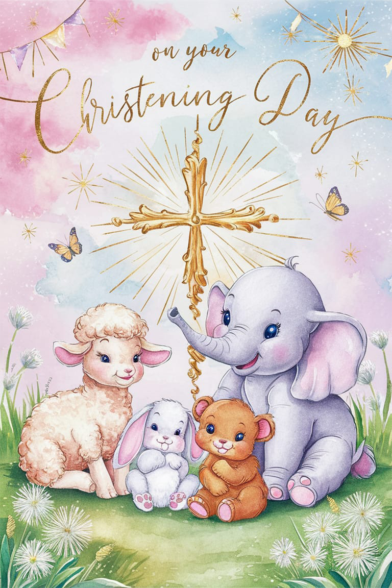 On Your Christening Day - Pink Cute Animal Card
