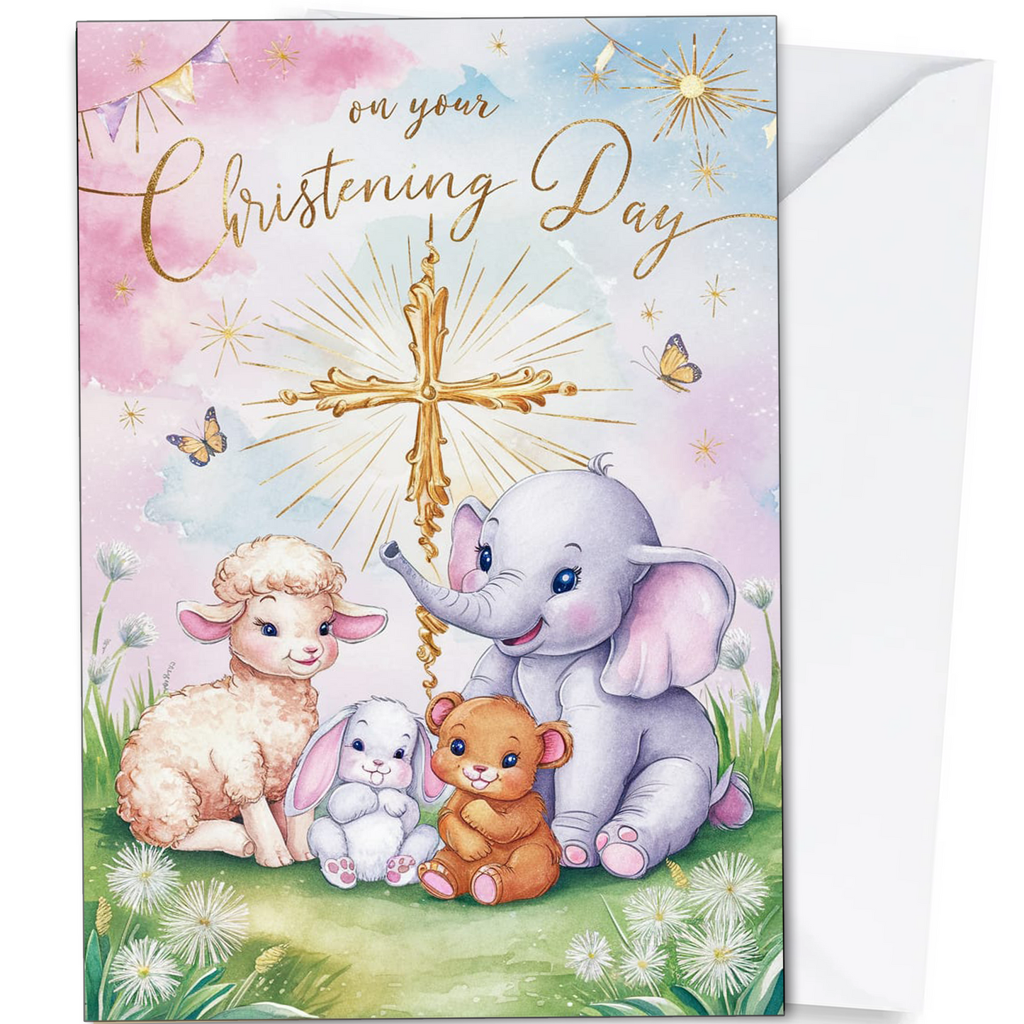 On Your Christening Day - Pink Cute Animal Card