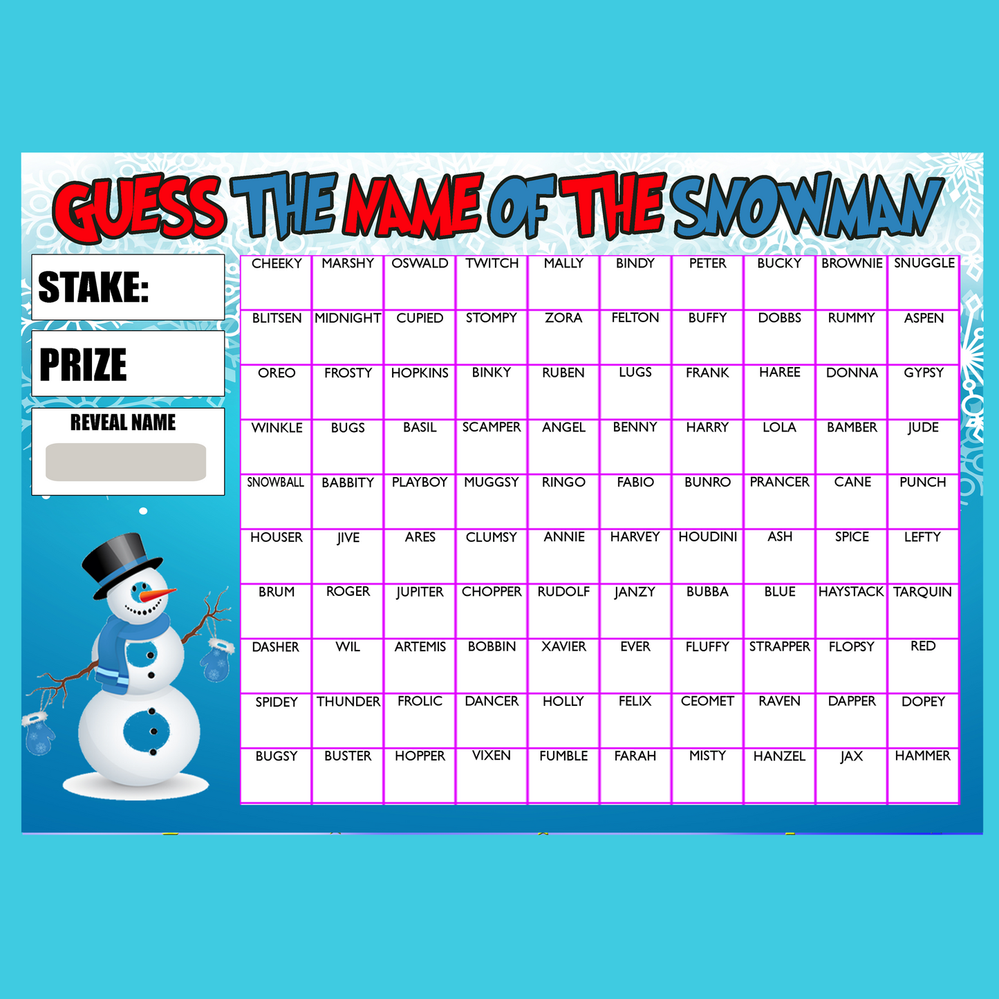 Guess the Name of Snowman Fundraising Game Christmas Fete Fayre A4