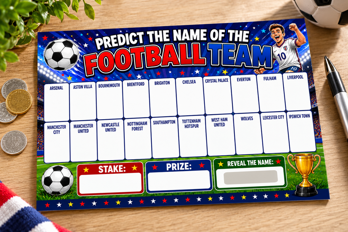 Predict the name of the football team Fundraising A5 Scratch Card Game 20 Name Pub Game