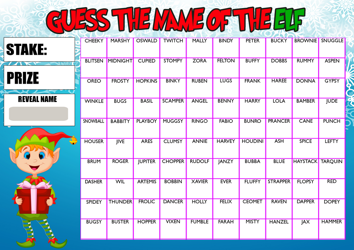 Elf Grid Guess the Name of Elf Fundraising Game Christmas Fete Fayre A4 ...