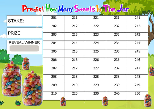 Predict How Many Sweets in the Jar Fundraising Game, 50-Name Scratch Card, A4 Size
