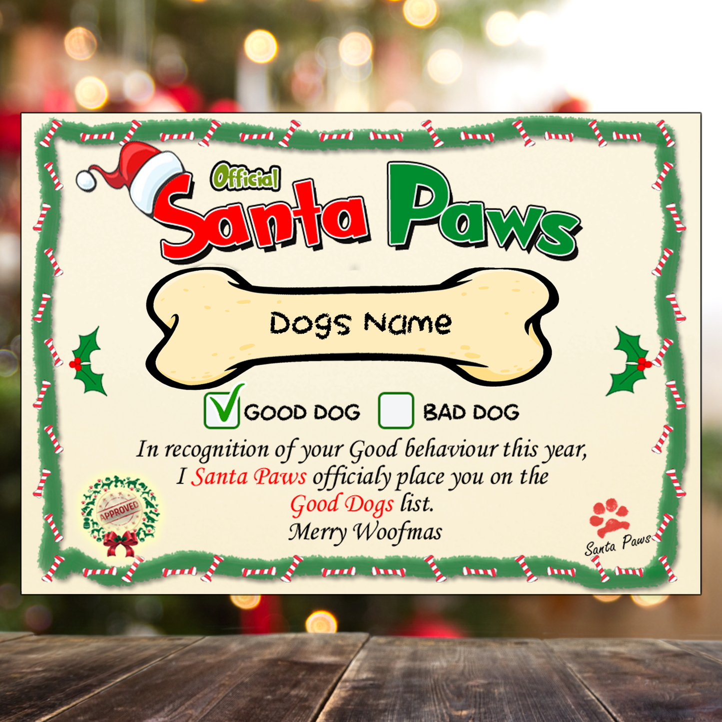 A5 Personalised Dog Christmas Santa Paws Certificates