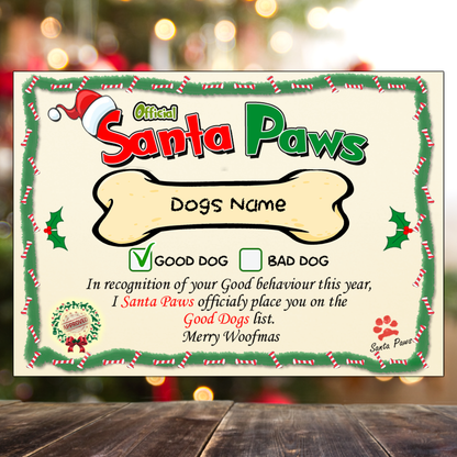 A5 Personalised Dog Christmas Santa Paws Certificates