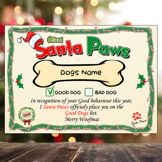 A5 Personalised Dog Christmas Santa Paws Certificates