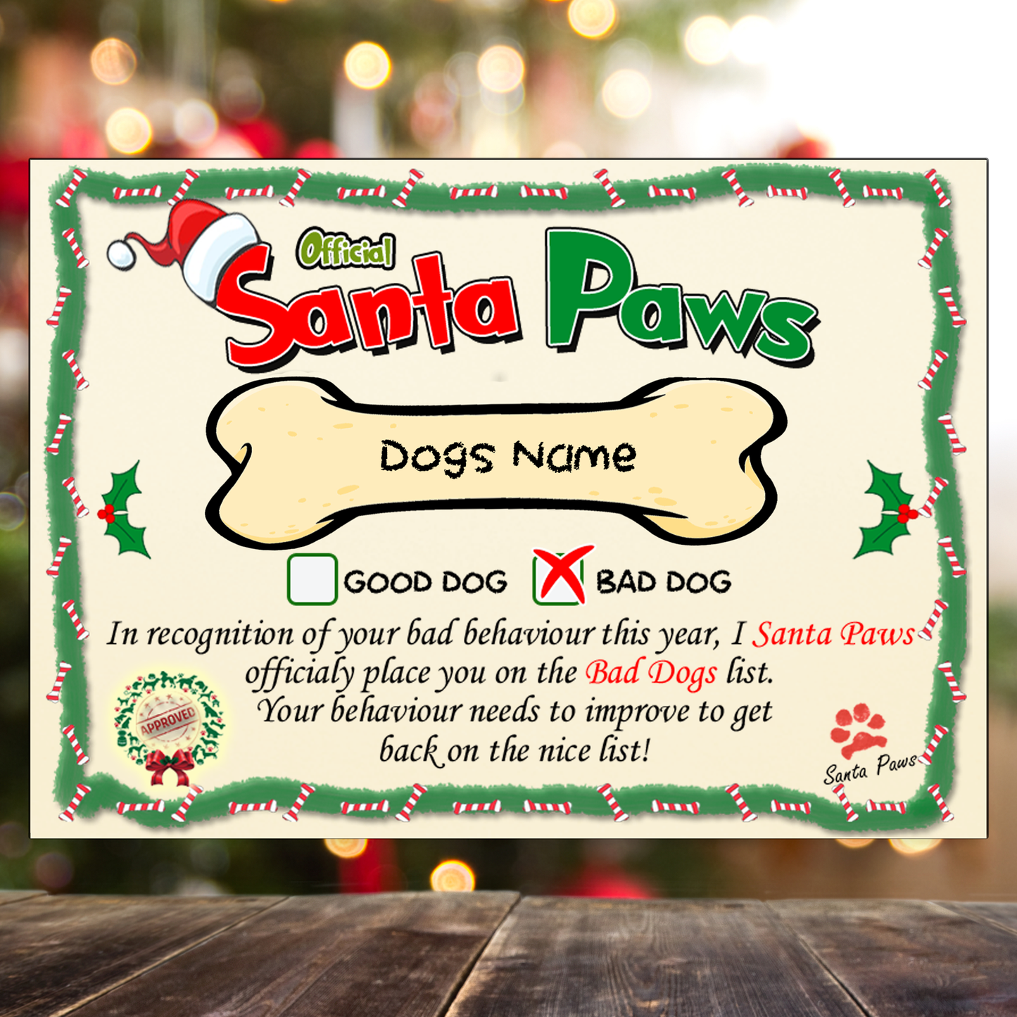 A5 Personalised Dog Christmas Santa Paws Certificates