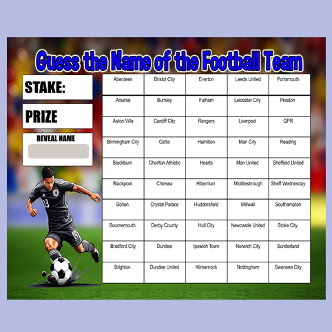 Predict the name of the football team Fundraising Scratch Card Game 50 Name Pub Game