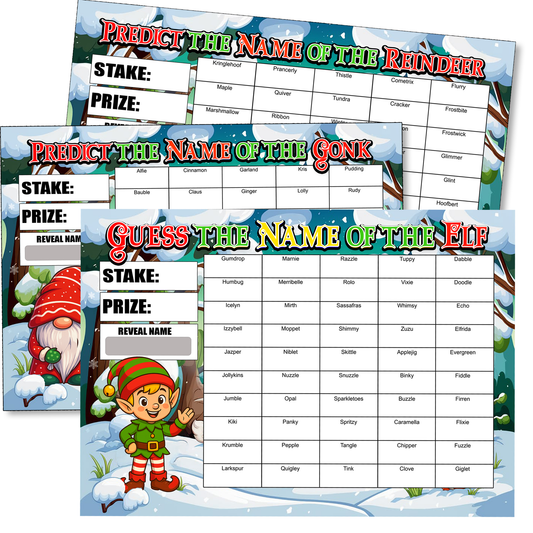 3 Pack Christmas Themed Fundraising Scratchcards, Elf, Reindeer, and Gonk A4 Size, 50 names