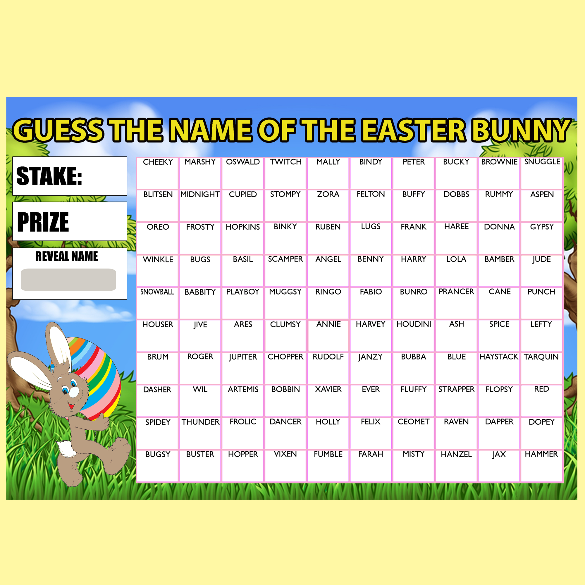 Fundraising Scratch Card Guess The Name Of The Easter Bunny Fayre Party A4