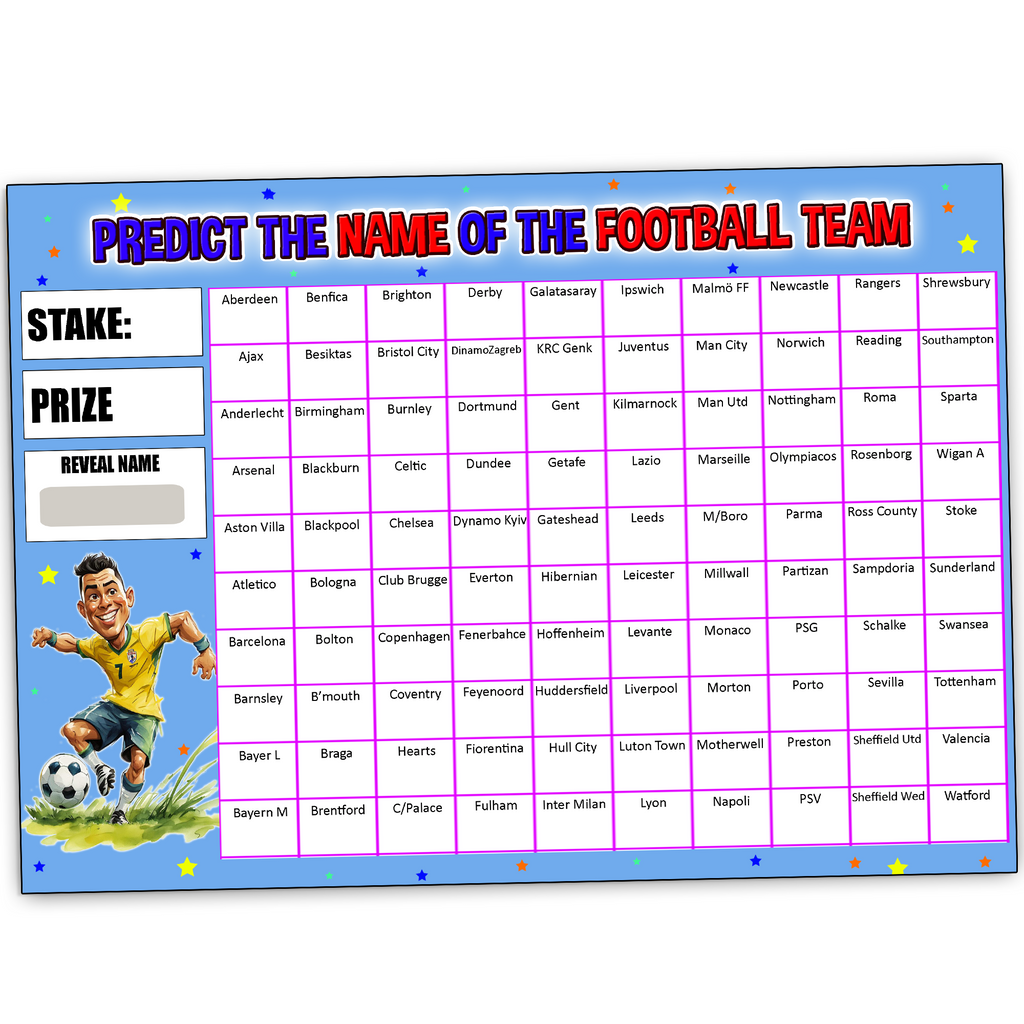Predict the name of the football team Fundraising Scratch Card Game 100 Name Pub Game