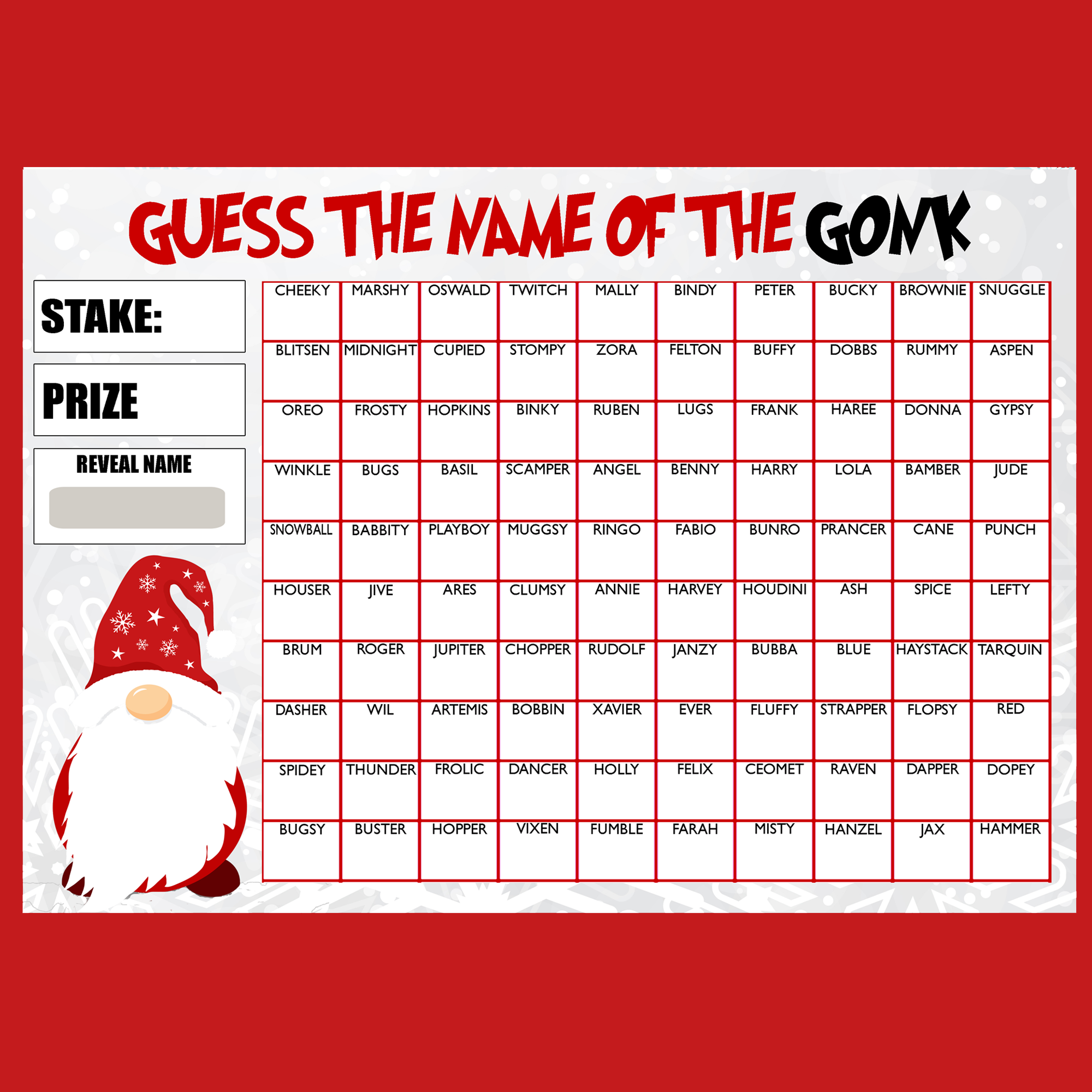 Guess the Name of Gonk Fundraising Game Christmas Fete Fayre A4