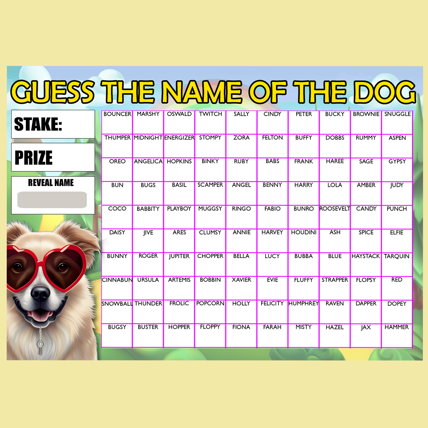 Fundraising Scratch card Game Guess the Dogs Name Fete Fayre A4