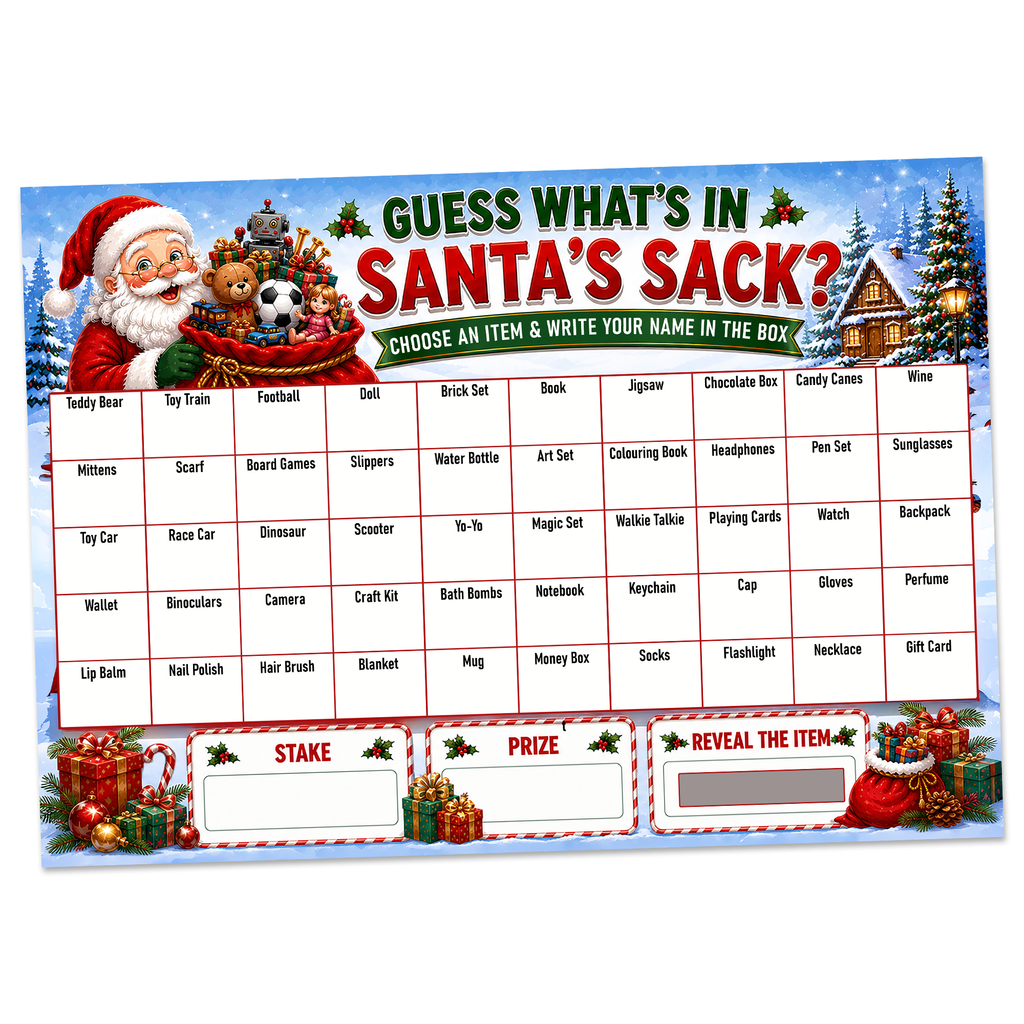 What's in Santa's Sack? Christmas Fundraising Scratch Card A4