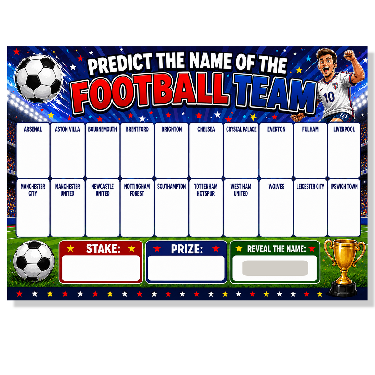 Predict the name of the football team Fundraising A5 Scratch Card Game 20 Name Pub Game
