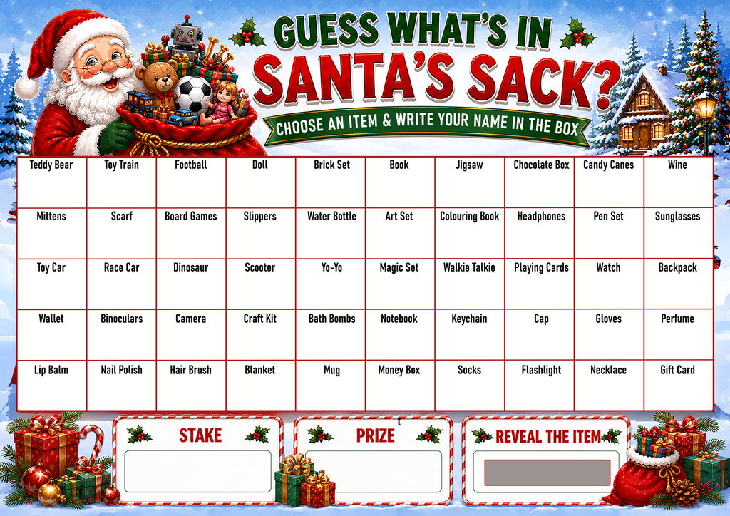 What's in Santa's Sack? Christmas Fundraising Scratch Card A4