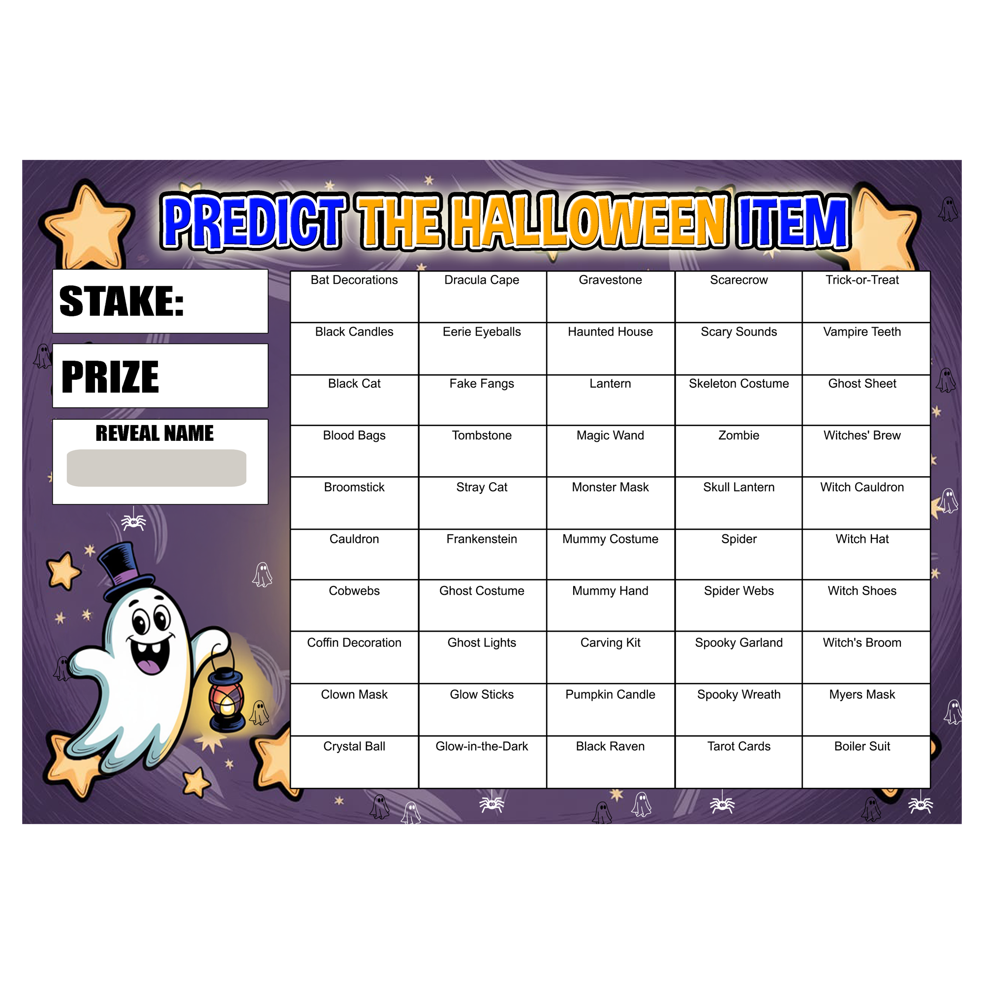 Halloween Party Predict the Item Scratch Card Game, A4 Size, Fundraising Activity with 50 Halloween Items