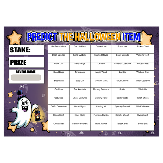 Halloween Party Predict the Item Scratch Card Game, A4 Size, Fundraising Activity with 50 Halloween Items
