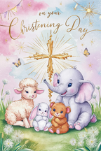 On Your Christening Day - Pink Cute Animal Card