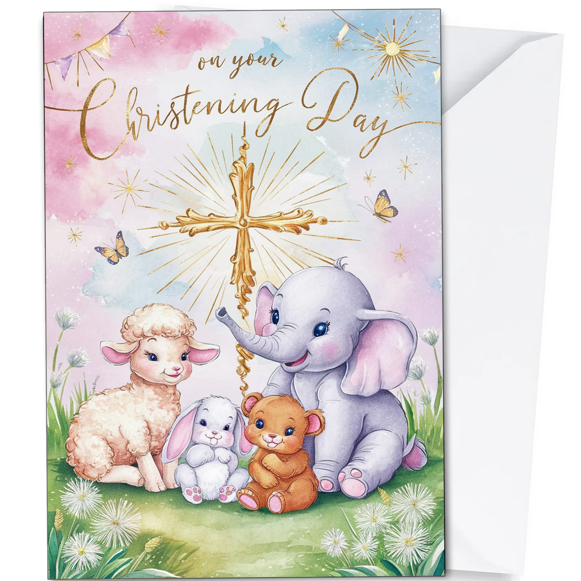 On Your Christening Day - Pink Cute Animal Card