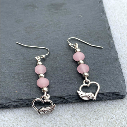 Frosted Pink Angel Heart Earrings