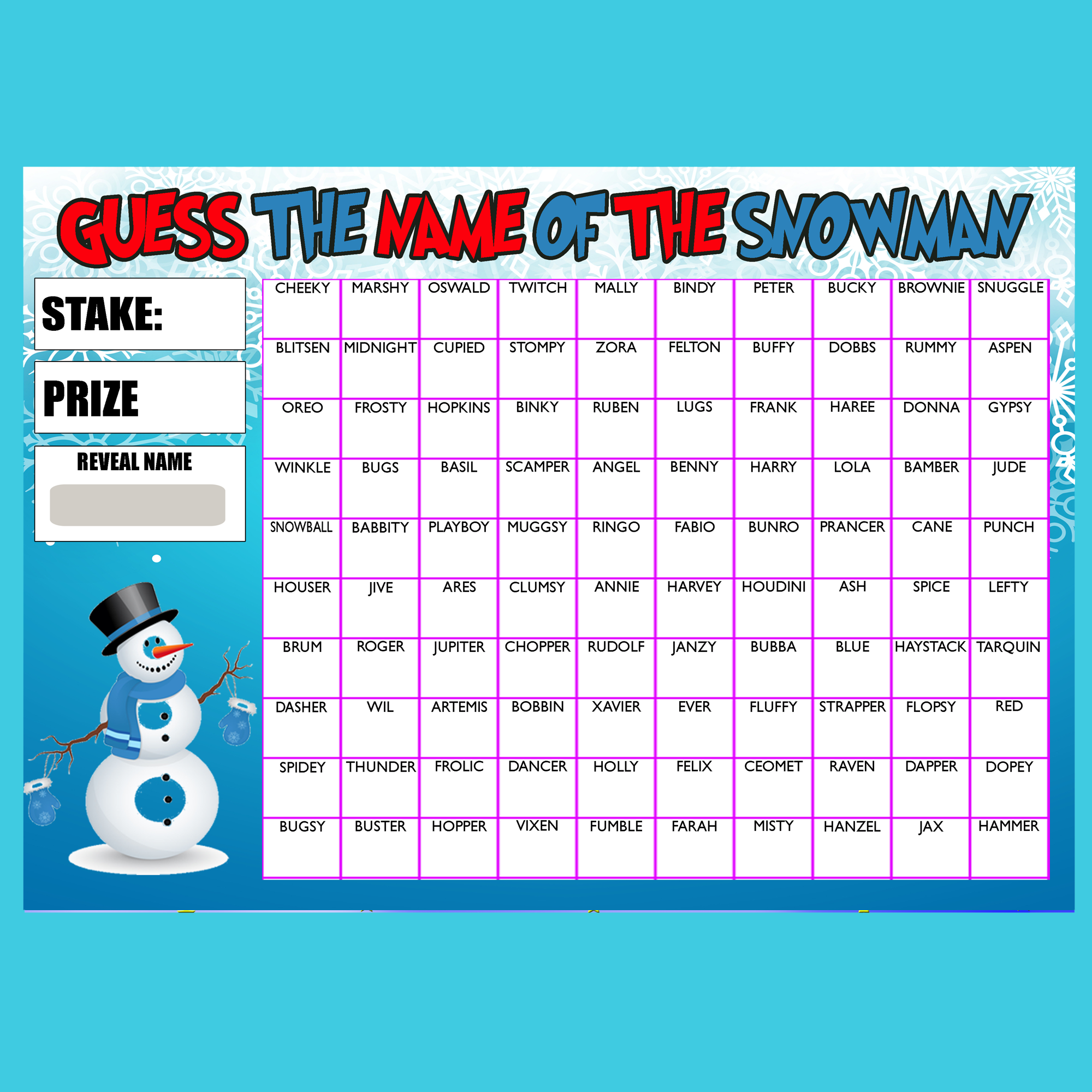 Guess the Name of Snowman Fundraising Game Christmas Fete Fayre A4